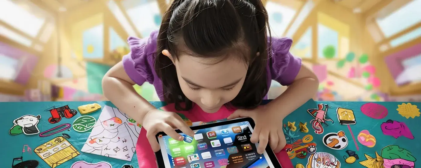 Niña usando tablet con aplicaciones para practicar ejercicios de inglés para niños
